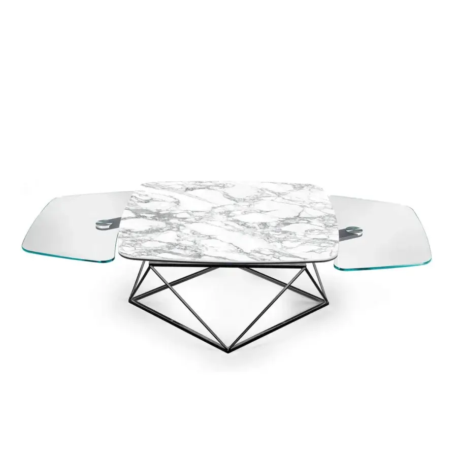 Exceptional Naos Uptown coffee table with glossy white marble-look ceramic and glass tabletop in black painted steel