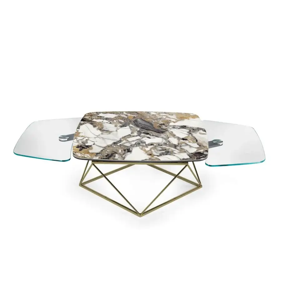 Distinguished Naos Uptown coffee table with white and gold veined ceramic and glass tabletop in glamorous gold-toned galvanized steel with satin finish