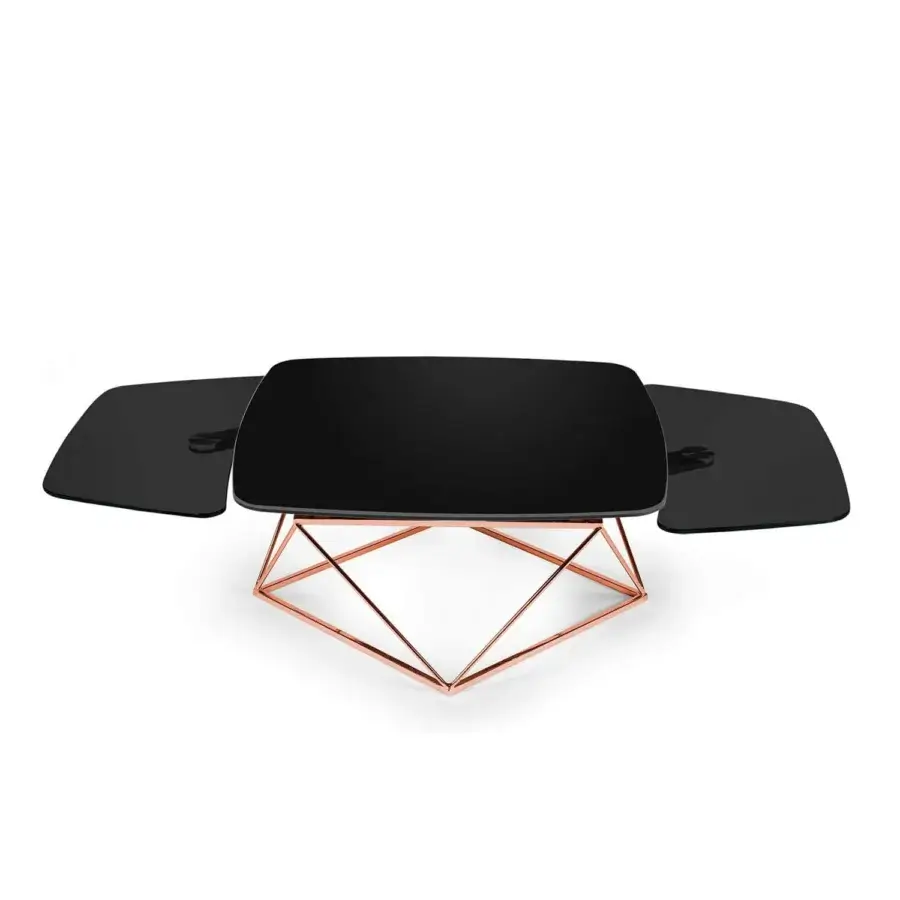 Elegant Naos Uptown coffee table with ceramic and glass tops in dark glossy finish and rose-gold painted steel base