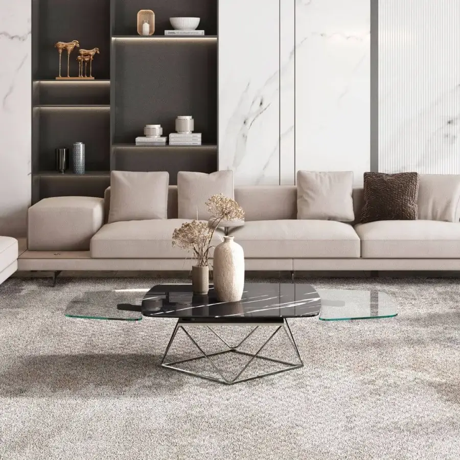 Superior Naos Uptown coffee table crafted with a glass and ceramic top in a boldly geometric black painted steel base