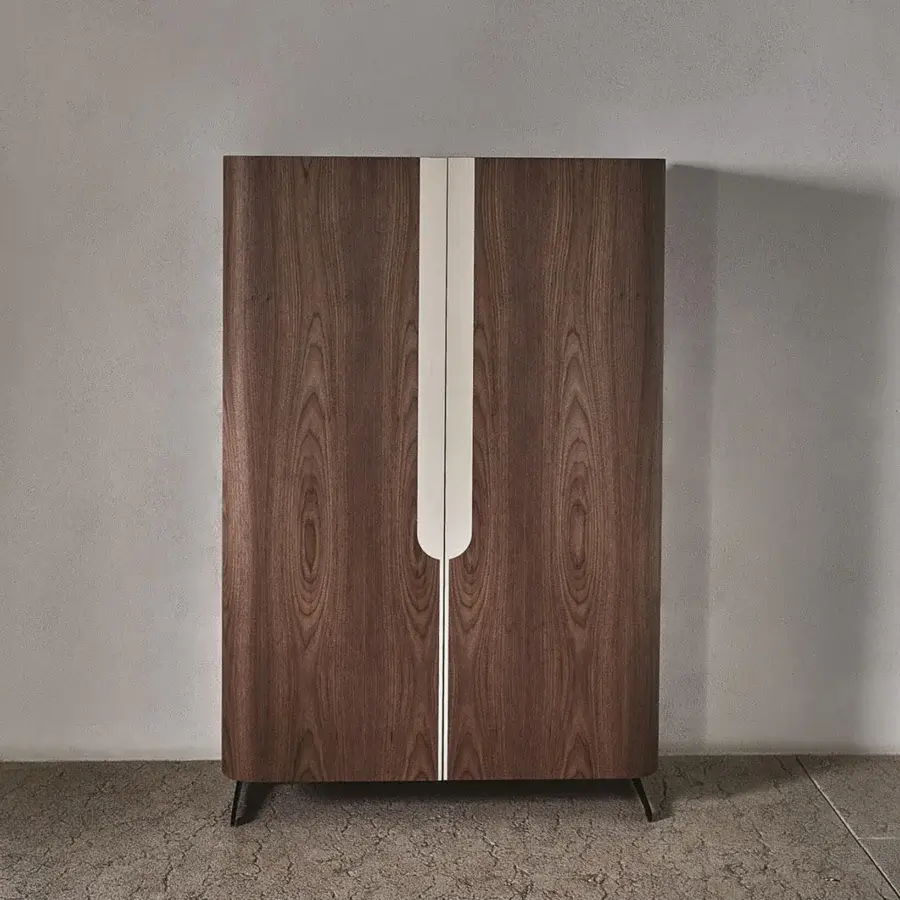 Superior Porada Savio writing desk with Canaletta walnut frame and natural maple inserts in a warm brown finish