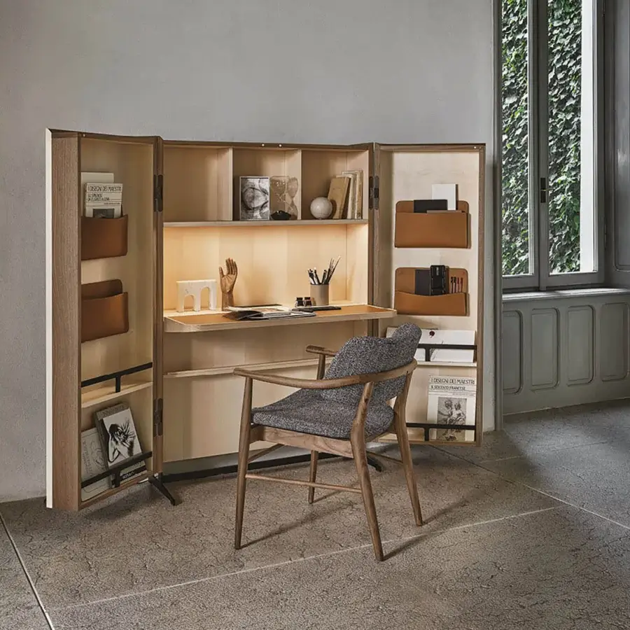 Distinctive Porada Savio writing desk crafted with Canaletta walnut and natural maple in a warm satin finish