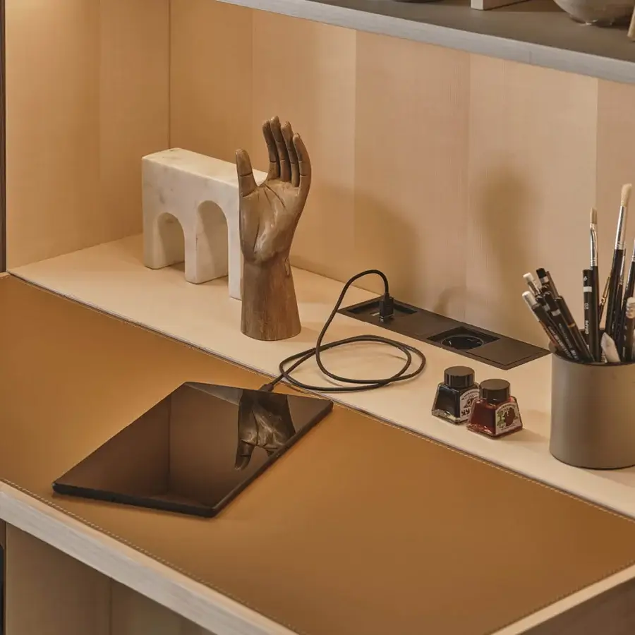 Elegant Porada Savio writing desk built with Canaletta walnut and natural maple in a satin finish