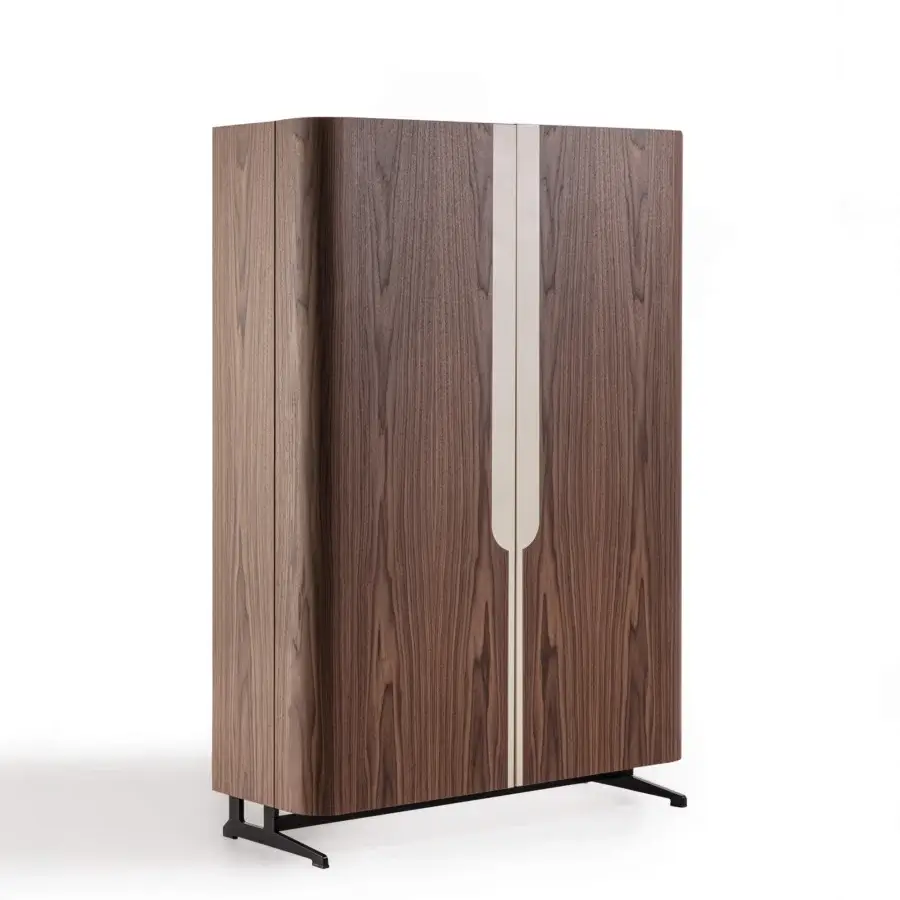 Refined Porada Savio writing desk with Canaletta walnut frame, natural maple inserts and Cuoietto Invecchiato elements in a medium-dark tone