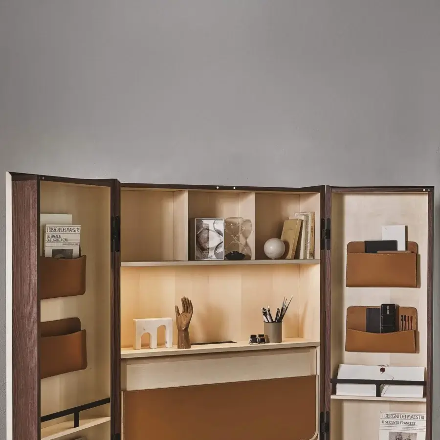 Distinctive Porada Savio writing desk with Canaletta walnut frame and natural maple inserts in a warm brown finish