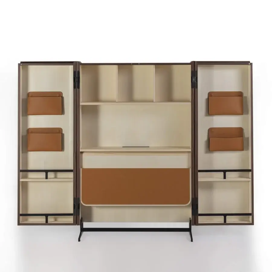 Elegant Porada Savio writing desk crafted with Canaletta walnut, natural maple inserts and tan Cuoietto Invecchiato accents for a contemporary finish