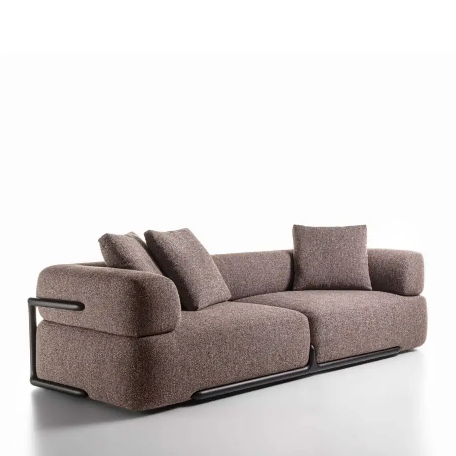 Distinguished Porada Klem sofa with a solid canaletto walnut frame and muted brownish-grey woven fabric upholstery with a matte finish