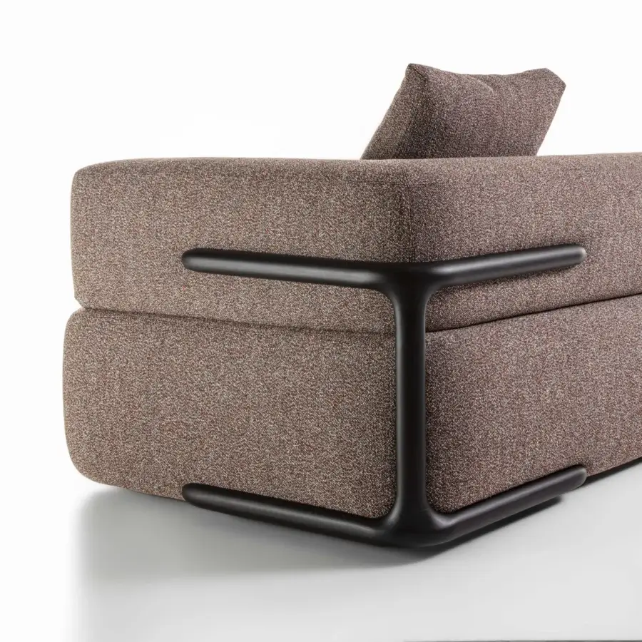 Exceptional Porada Klem sofa with a solid canaletto walnut frame fully upholstered in textured brownish-grey textile and dark matte metal base