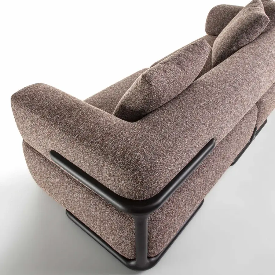 Sophisticated Porada Klem sofa with a solid canaletto walnut frame upholstered in textured brownish-grey fabric and dark matte black metal base