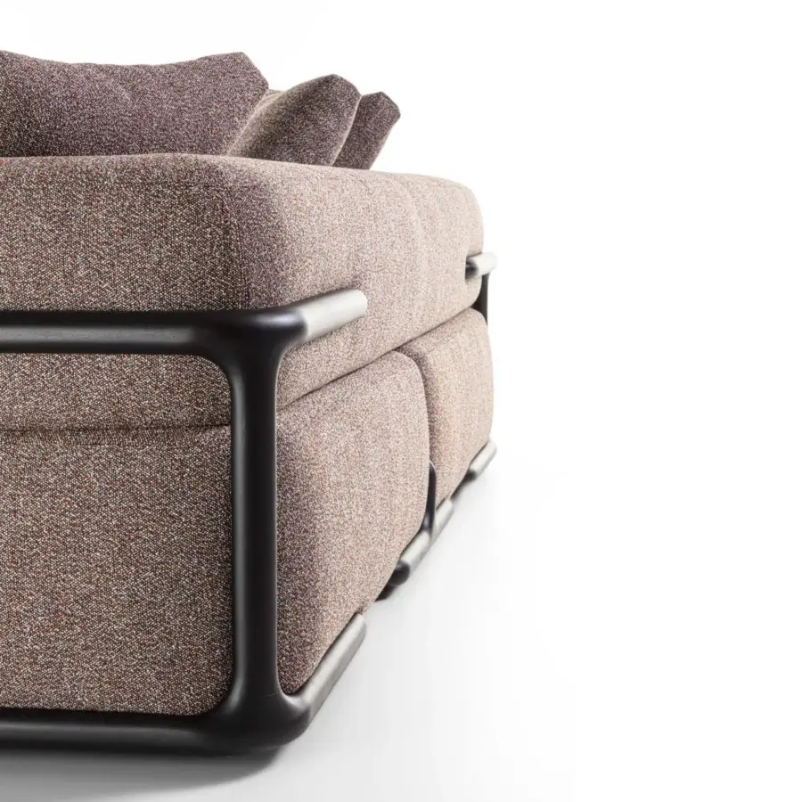 Luxury Porada Klem two-seater sofa crafted with a solid canaletto walnut frame and muted brownish-grey textured textile upholstery