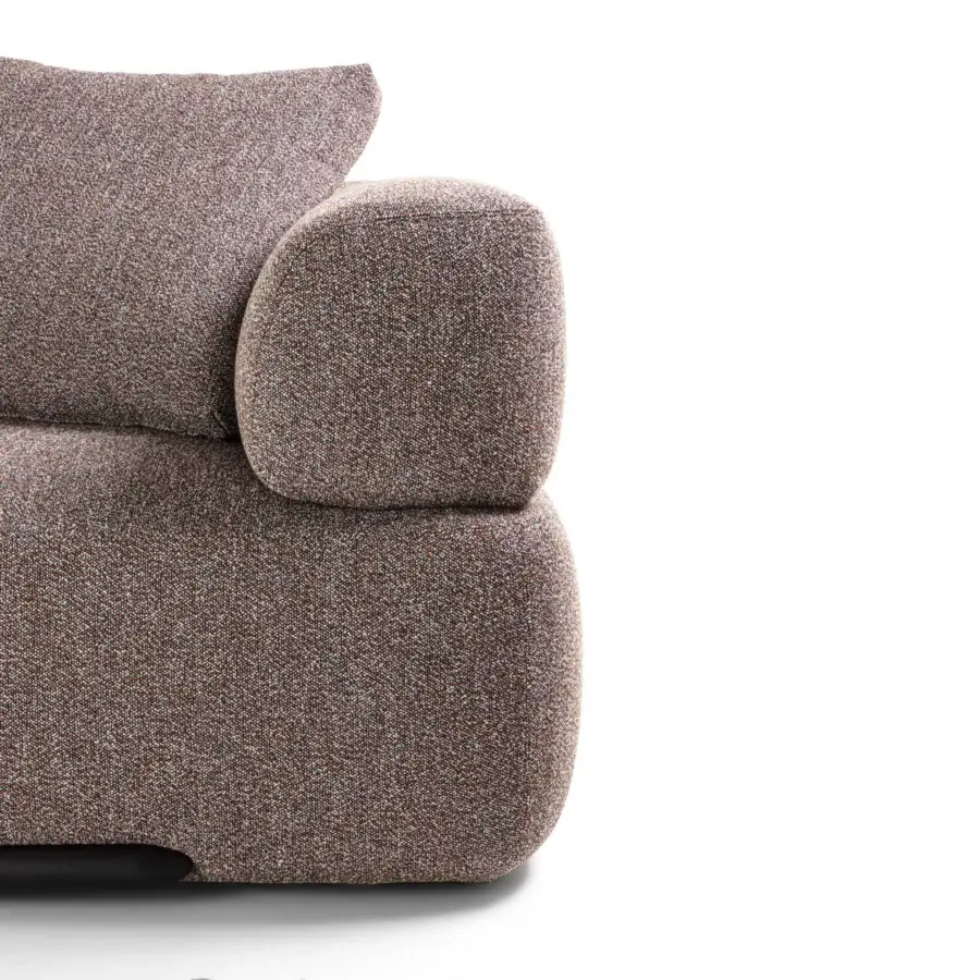 Distinguished Porada Klem two-seater sofa built with a solid canaletto walnut frame and brownish-grey speckled fabric upholstery