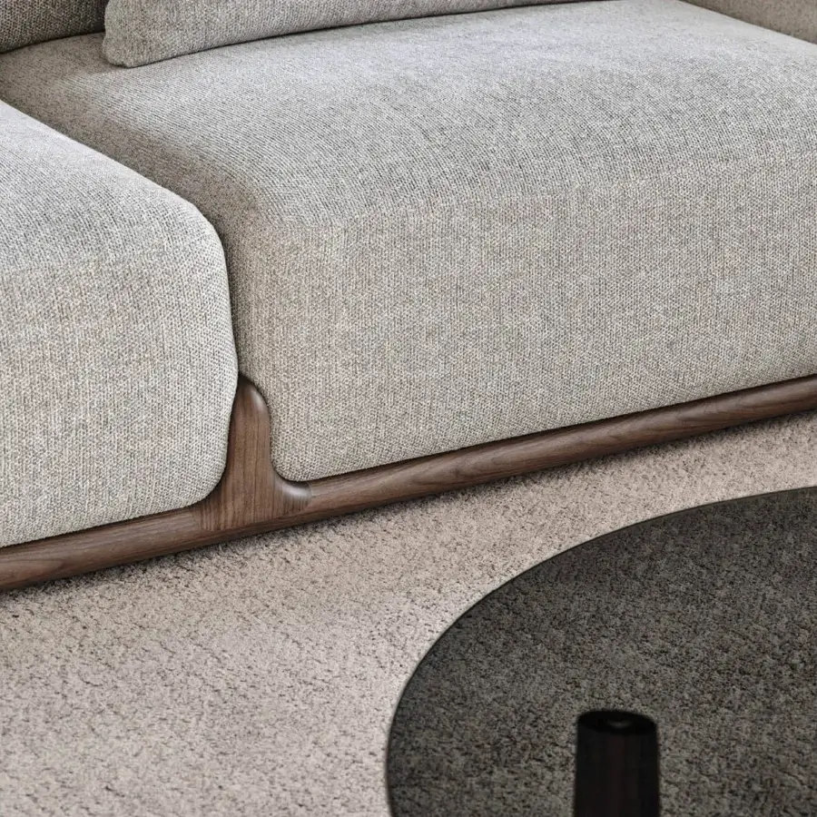Superior Porada Klem sofa crafted with light gray textured textile upholstery and a solid canaletto walnut base