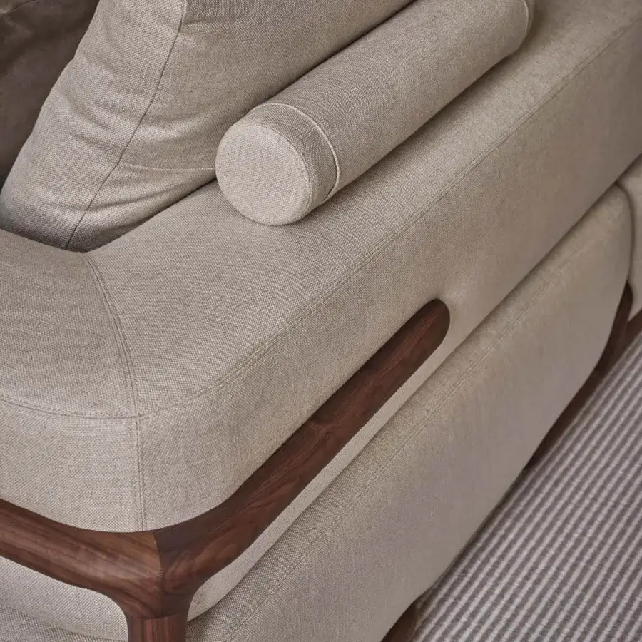 Distinguished Porada Klem sofa built with canaletto walnut and neutral beige textured textile upholstery with satin finish