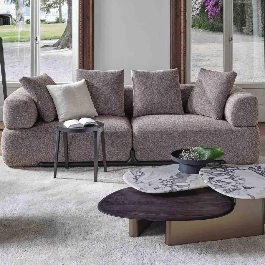 Exceptional Porada Klem sofa crafted with canaletto walnut and muted gray-brown textured fabric upholstery