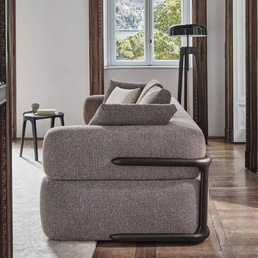 Superior Porada Klem sofa built with canaletto walnut and taupe textile upholstery offering lasting support