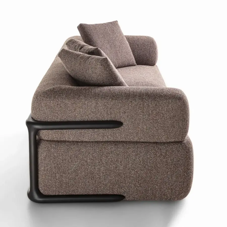 Distinguished Porada Klem sofa built with canaletto walnut and textured muted earthy brown textile upholstery