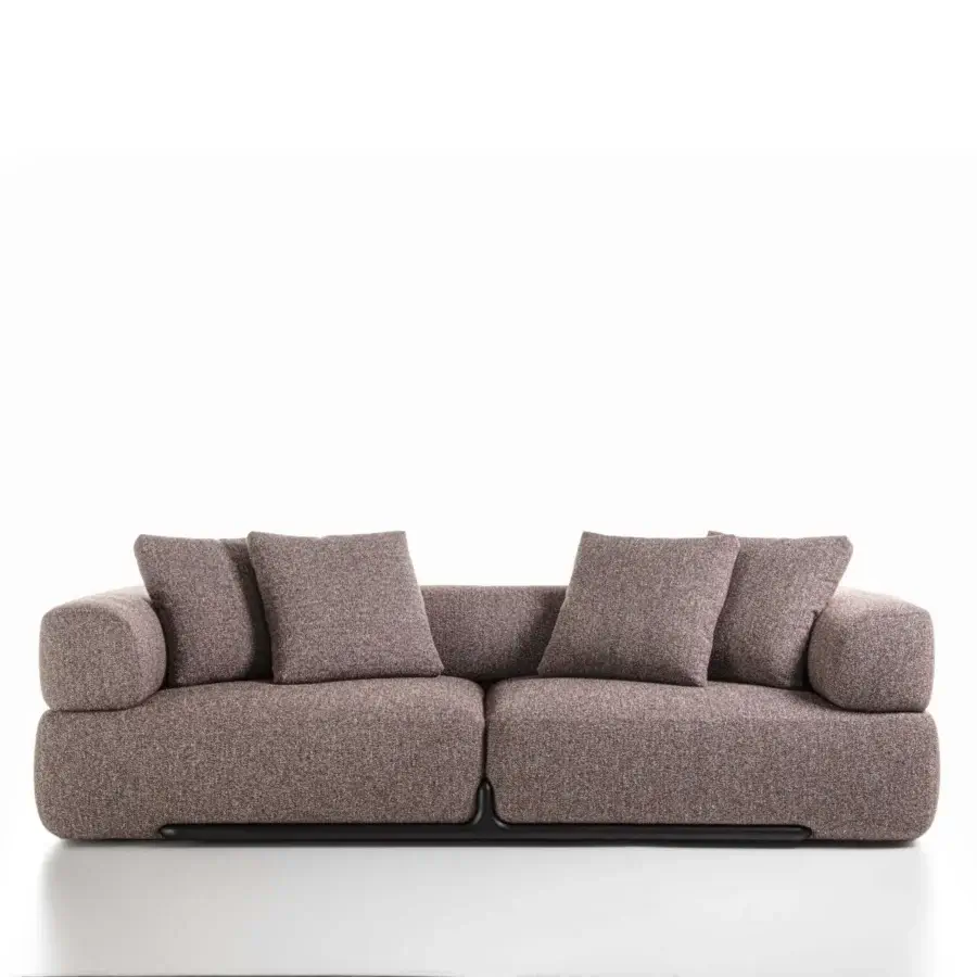 Elegant Porada Klem sofa crafted with canaletto walnut and upholstered in subtly heathered muted brown textile with matte finish