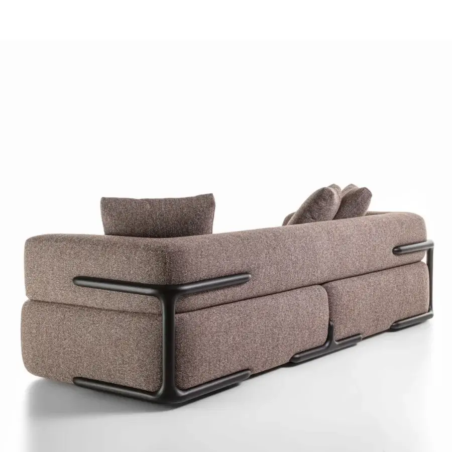 Superior Porada Klem sofa built with canaletto walnut and upholstered in brownish-grey textured textile with removable covers