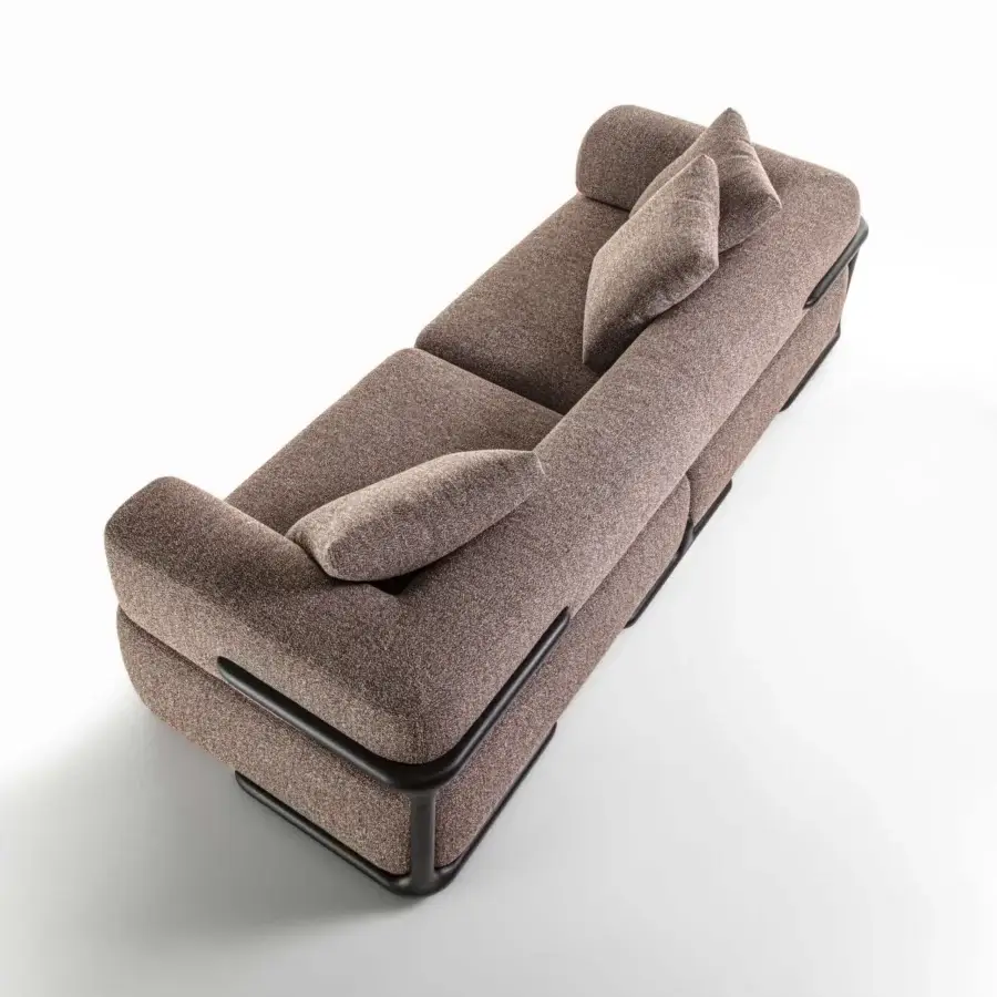 Refined Porada Klem sofa built with canaletto walnut and upholstered in textured reddish-brown fabric with a dark metal base