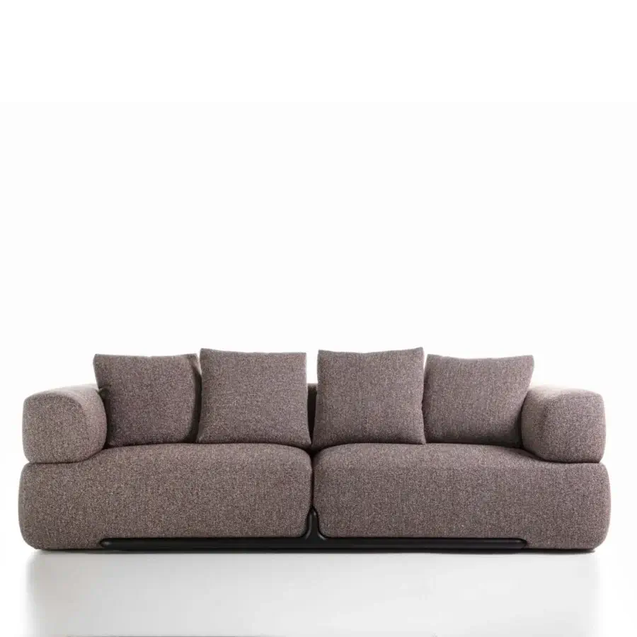 Distinguished Porada Klem sofa built with canaletto walnut and upholstered in brownish-grey textured textile with cylindrical bolsters