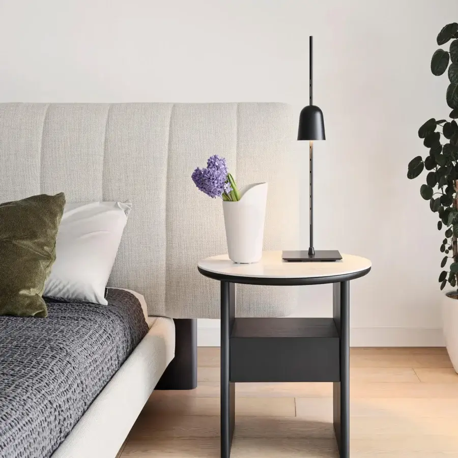 Elegant Luceplan Ascent table lamp with lathed anodized aluminum, black technopolymer and painted steel in a matte black finish