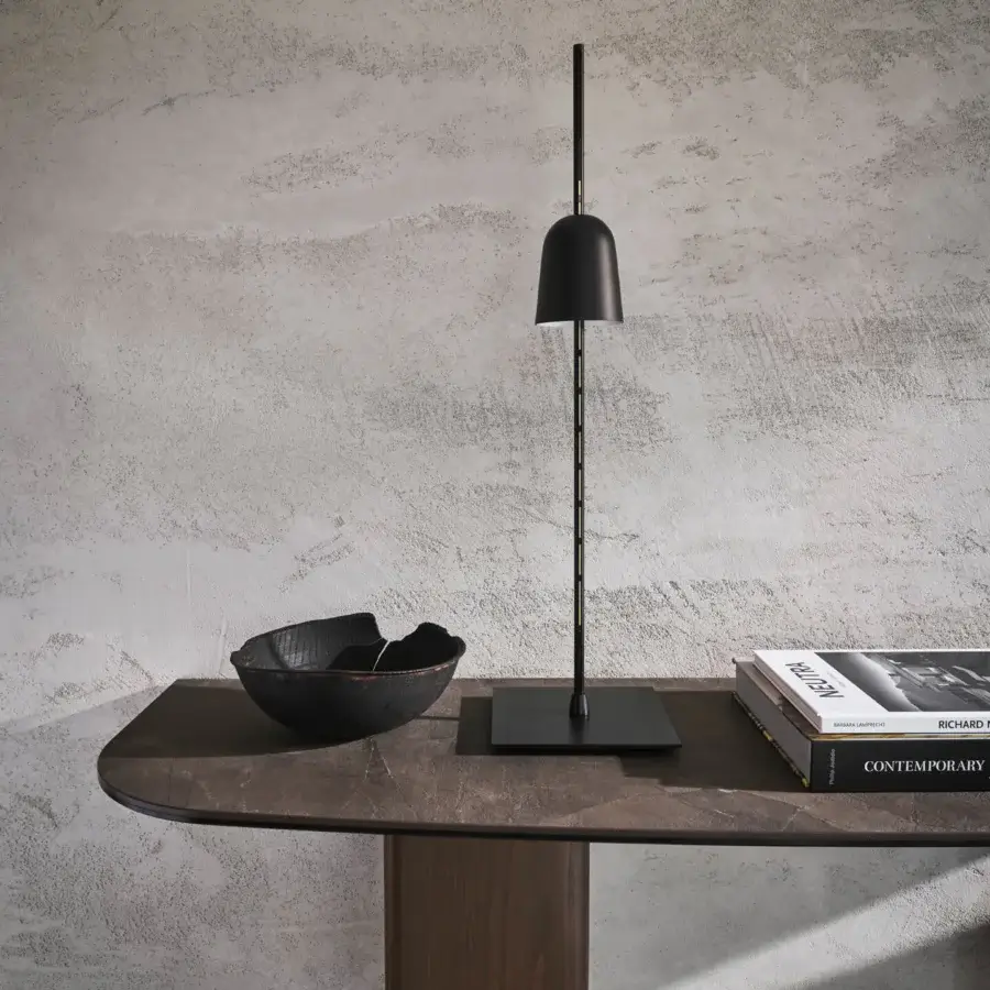 Elegant Luceplan Ascent table lamp with lathed anodized aluminum, black technopolymer and painted steel in dark gray matte finish