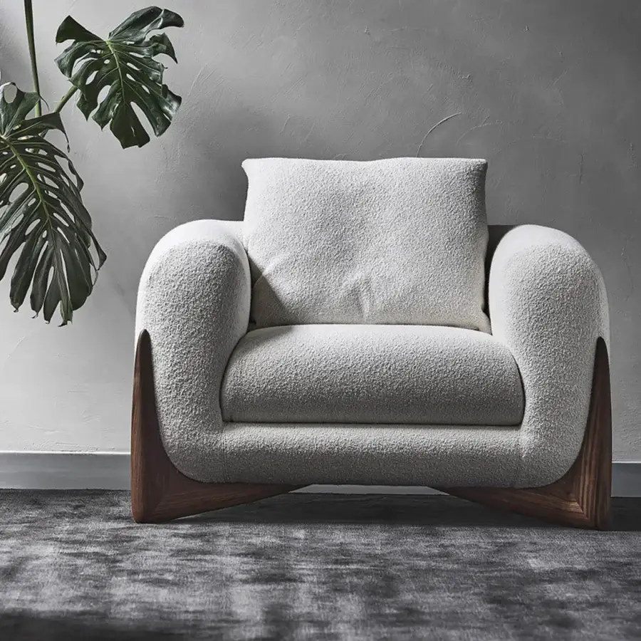 Superior Porada Softbay armchair with inviting bouclé upholstery and a satin Canaletta walnut base