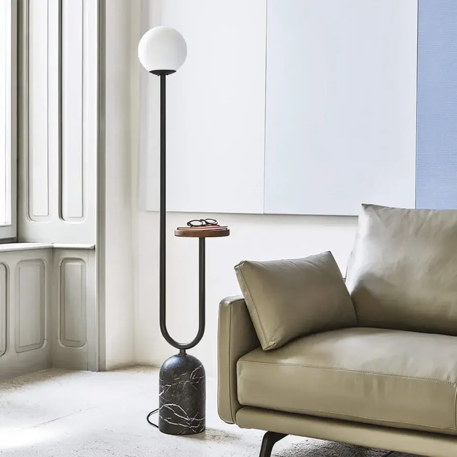 Distinguished Porada Ekero Totem floor lamp with white Carrara marble base and white opal glass diffuser in dark gray matte finish