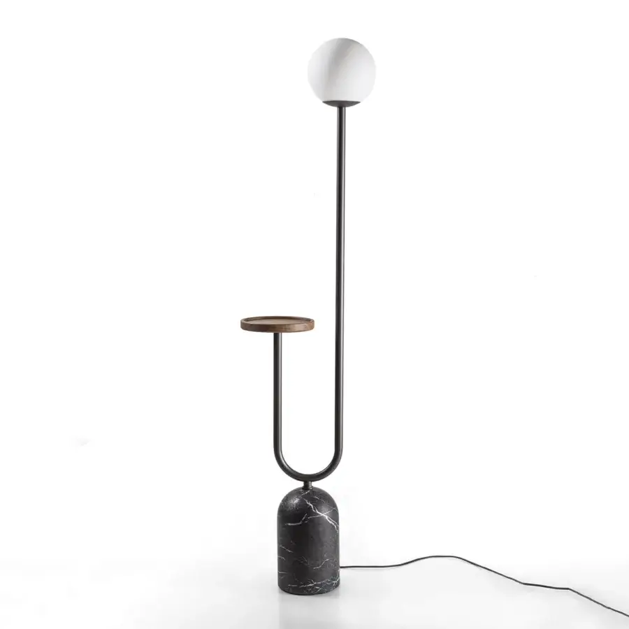 Superior Porada Ekero Totem floor lamp with white Carrara marble base and white opal glass diffuser built with a dark gray metal frame