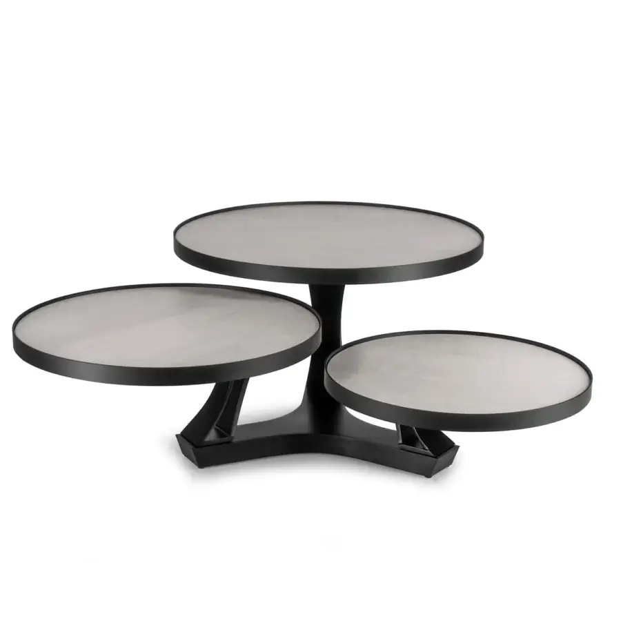 Distinguished Naos Extremis coffee table crafted with rotating ceramic tops and a matte dark gray painted steel base
