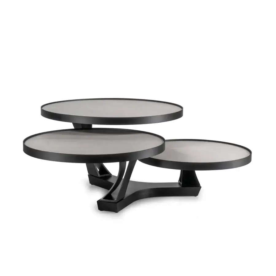 Elegant Naos Extremis coffee table with rotating dark gray ceramic tops and painted steel base