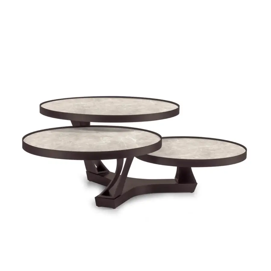 Superior Naos Extremis coffee table with rotating muted gray ceramic tops and sleek painted steel base