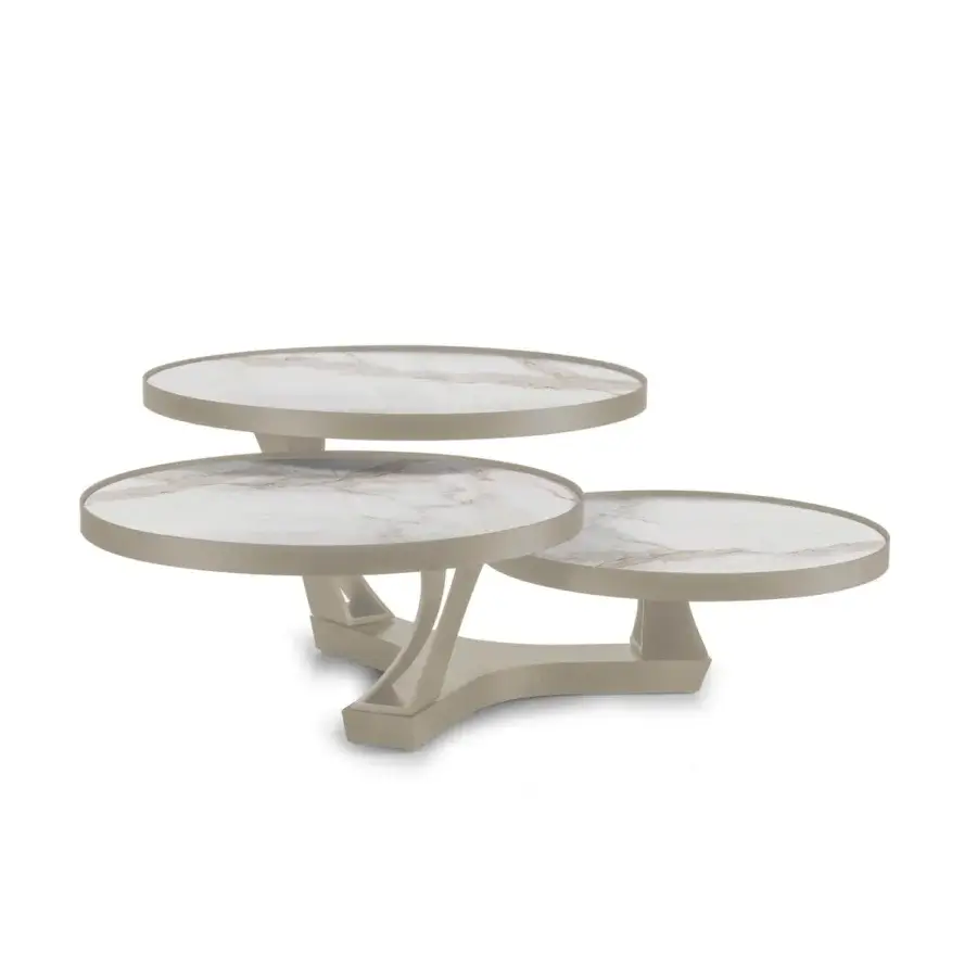 Distinguished Naos Extremis coffee table with glossy marble-veined ceramic tops and sleek matte beige painted steel base