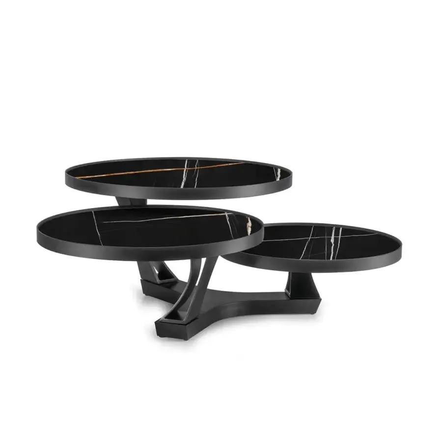 Exceptional Naos Extremis coffee table crafted in glossy polished ceramic with striking white veining and matte black painted steel base