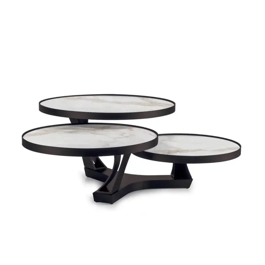 Elegant Naos Extremis coffee table with rotating white marble-effect ceramic tops and matte black painted steel base