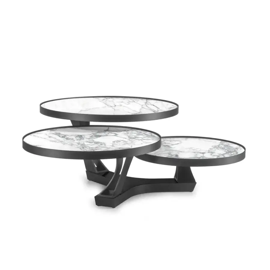 Superior Naos Extremis coffee table with rotating ceramic tops displaying white and gray veining in dark gray painted steel