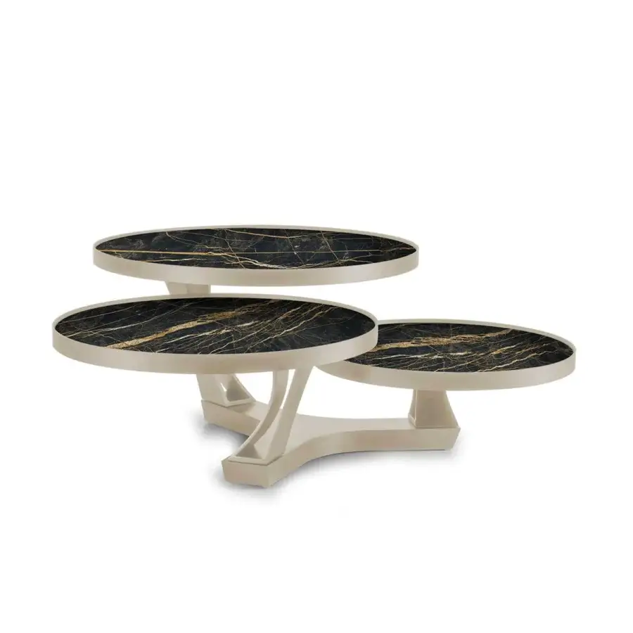 Distinguished Naos Extremis coffee table with rotating ceramic tops displaying golden-yellow veining and a light beige painted steel base