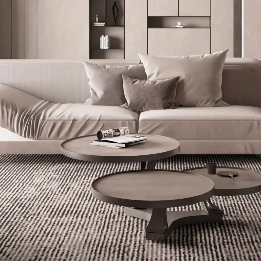 Elegant Naos Extremis coffee table with rotating matte ceramic tops and sleek painted steel base