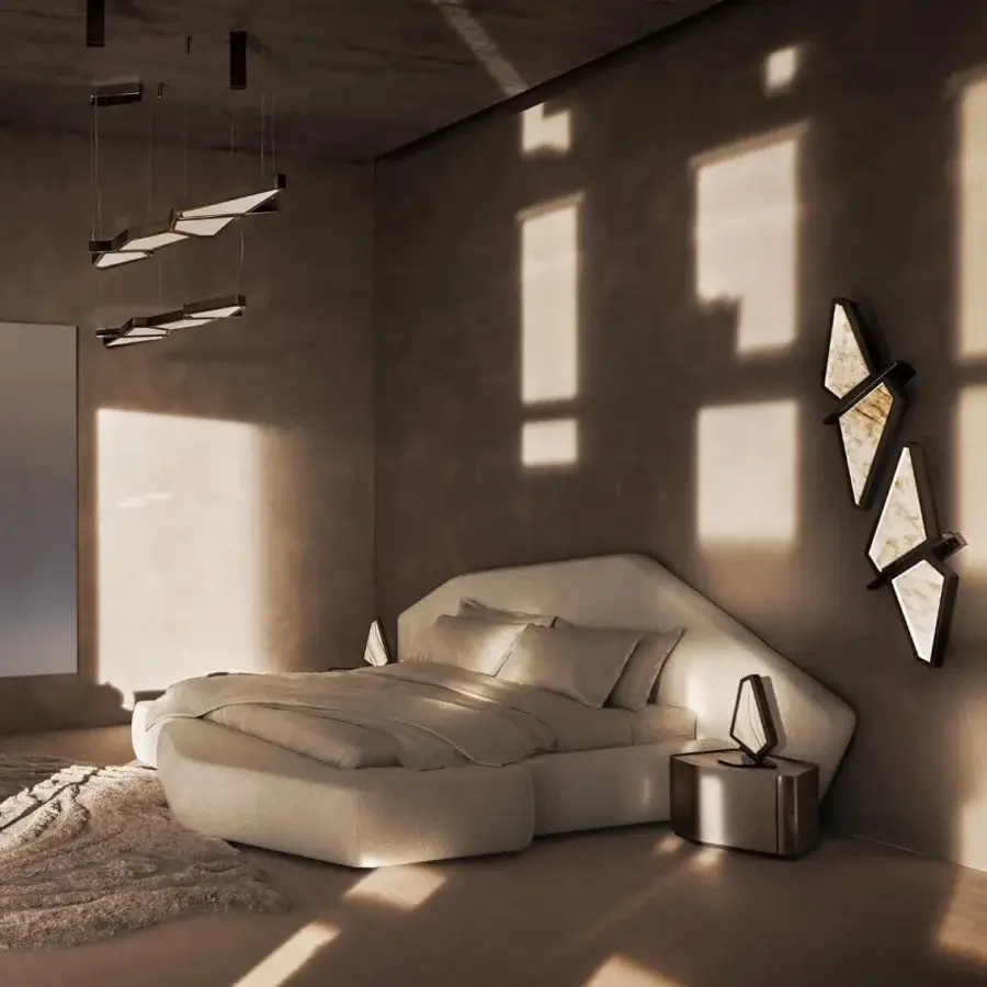 Superior Visionnaire Astralis wall lamp with shaped metal, backlit onyx diffuser and striated satin finish