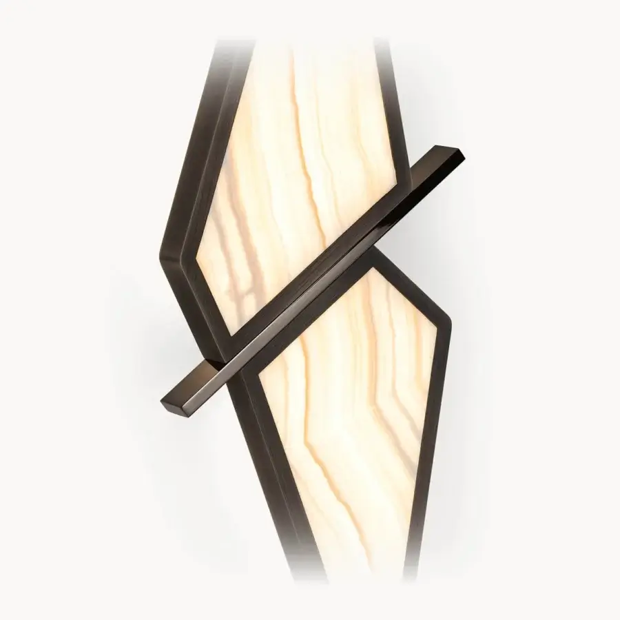 Exceptional Visionnaire Astralis wall lamp crafted with shaped metal, light wood panels and striated satin finish with onyx diffuser
