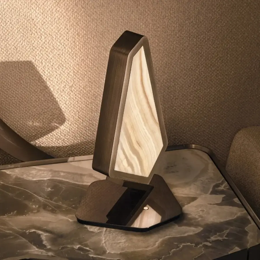 Exceptional Visionnaire Astralis table lamp with sculpted metal base and exquisite onyx diffusers in brushed linear satin finish