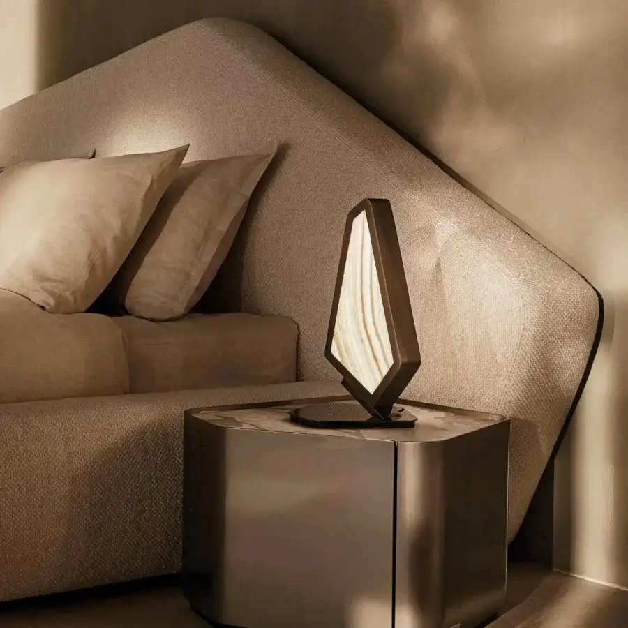 Distinguished Visionnaire Astralis table lamp with sculptural metal form and illuminated wood panel in brushed linear satin finish