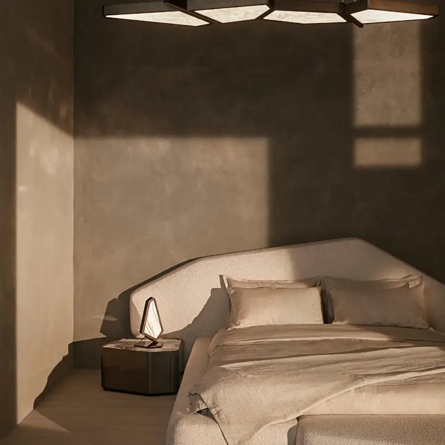 Superior Visionnaire Astralis table lamp with polygonal design and brushed satin metal base, illuminated by double onyx or satin quartz diffuser