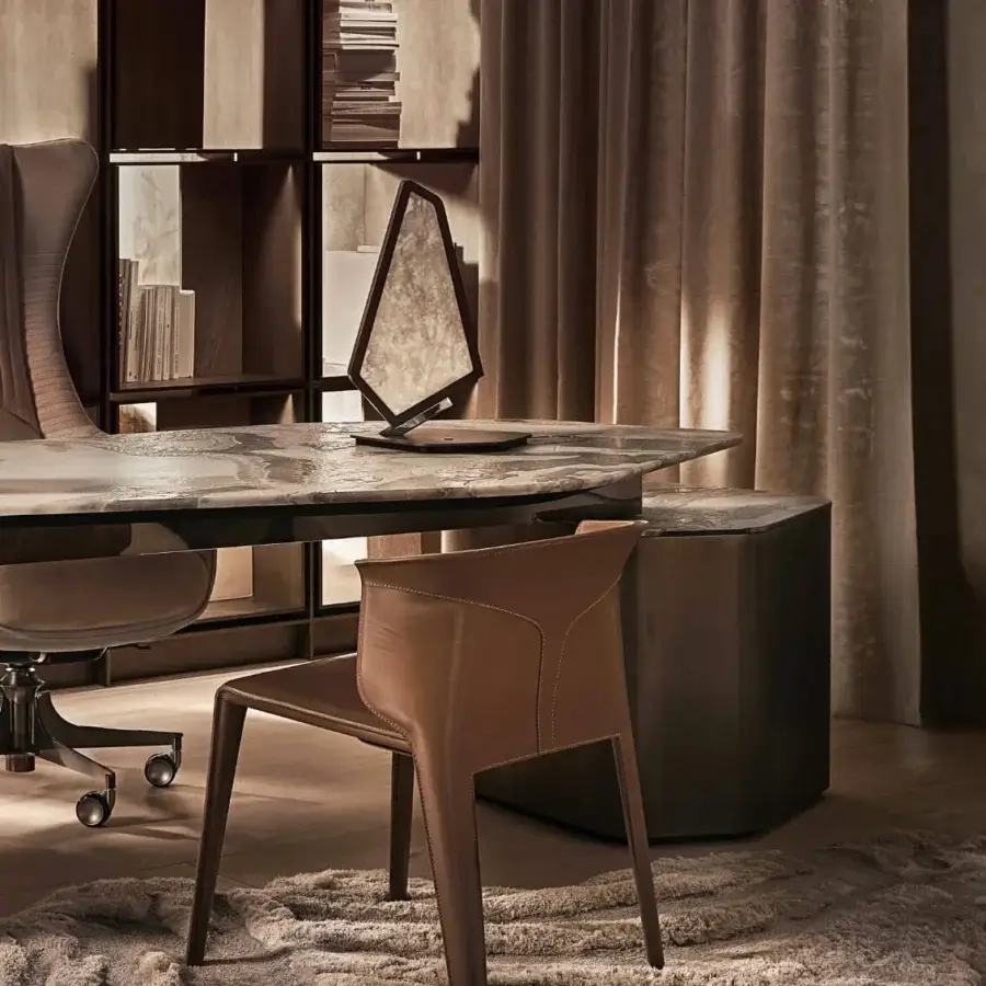 Exceptional Visionnaire Astralis table lamp with polygonal metal form and brushed linear satin finish in dark tones with onyx double diffuser