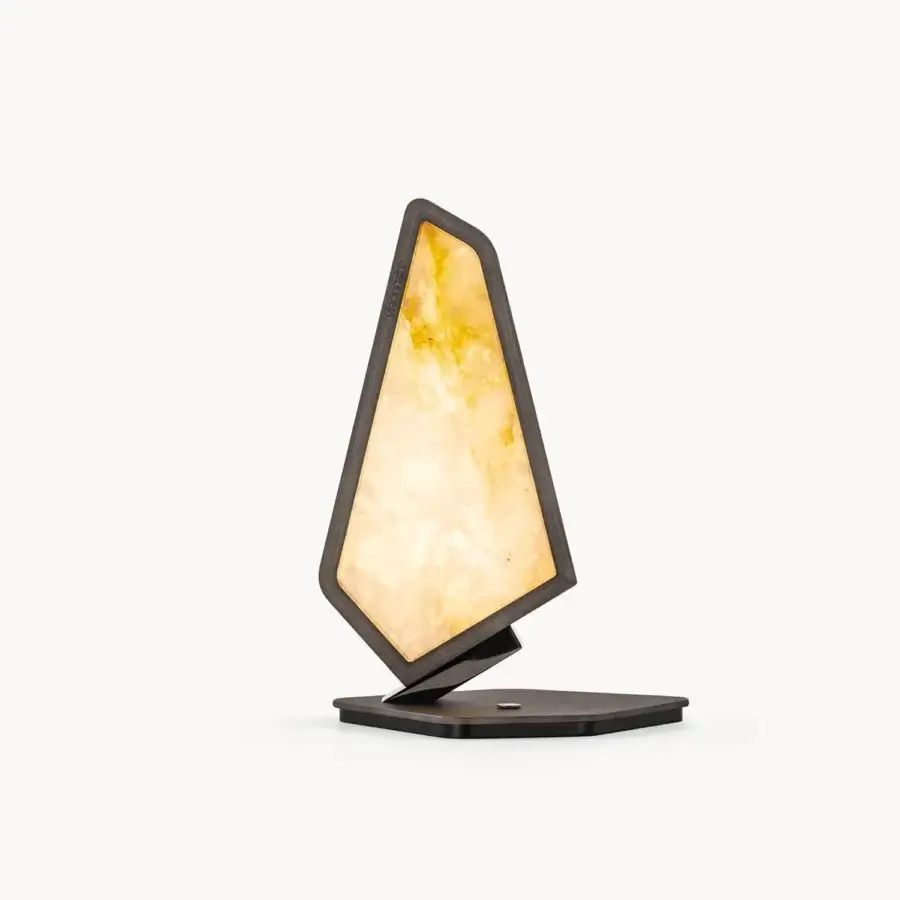 Superior Visionnaire Astralis table lamp with sculpted metal and dark matte wooden frame, showcasing a central onyx diffuser with brushed linear satin finish