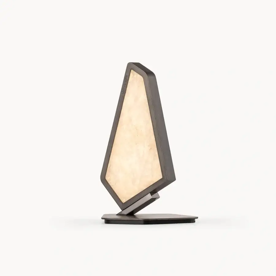 Distinctive Visionnaire Astralis table lamp with sculpted metal, brushed satin and onyx double diffuser in a dark wood frame
