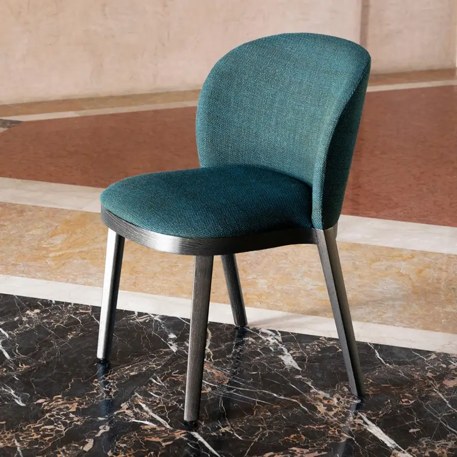 Lavish Potocco Trousse Hug chair in deep teal textured textile with satin-finish wood frame