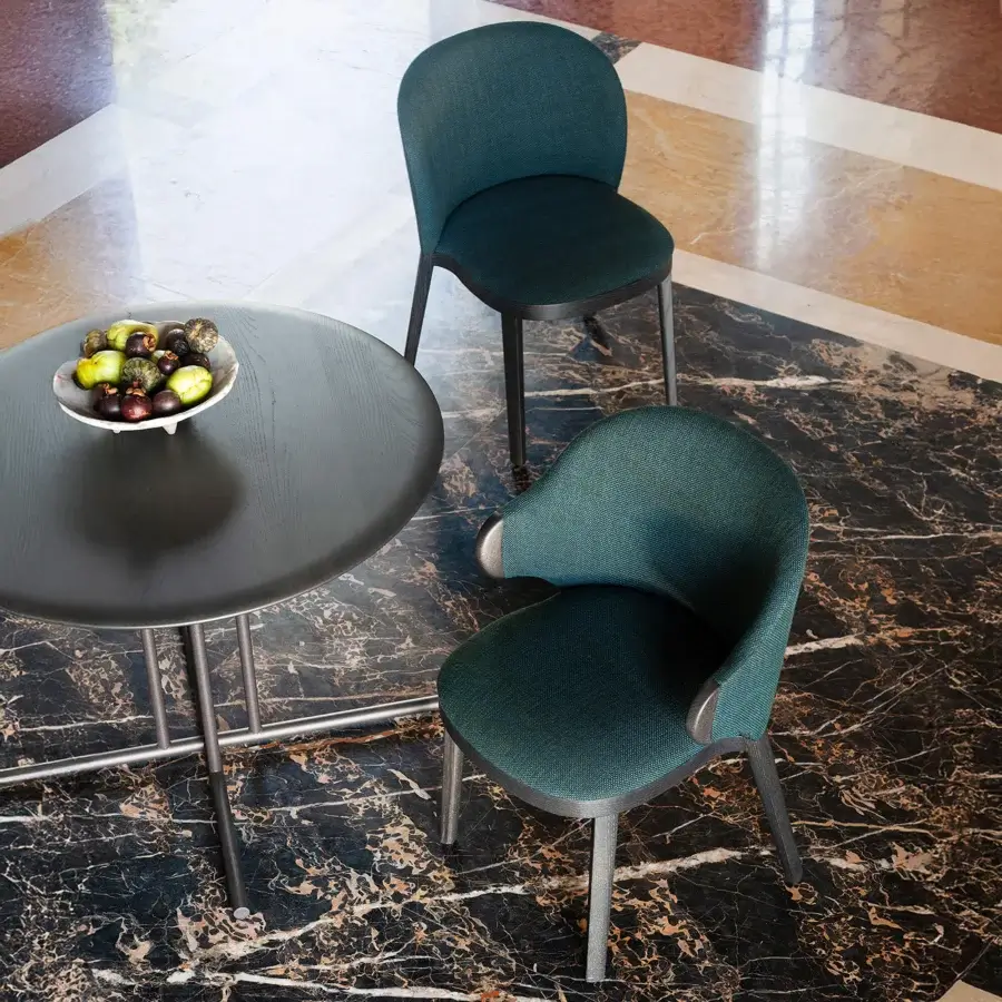 Distinguished Potocco Trousse Hug chair in deep teal woven textile with beautifully crafted wood legs and satin finish