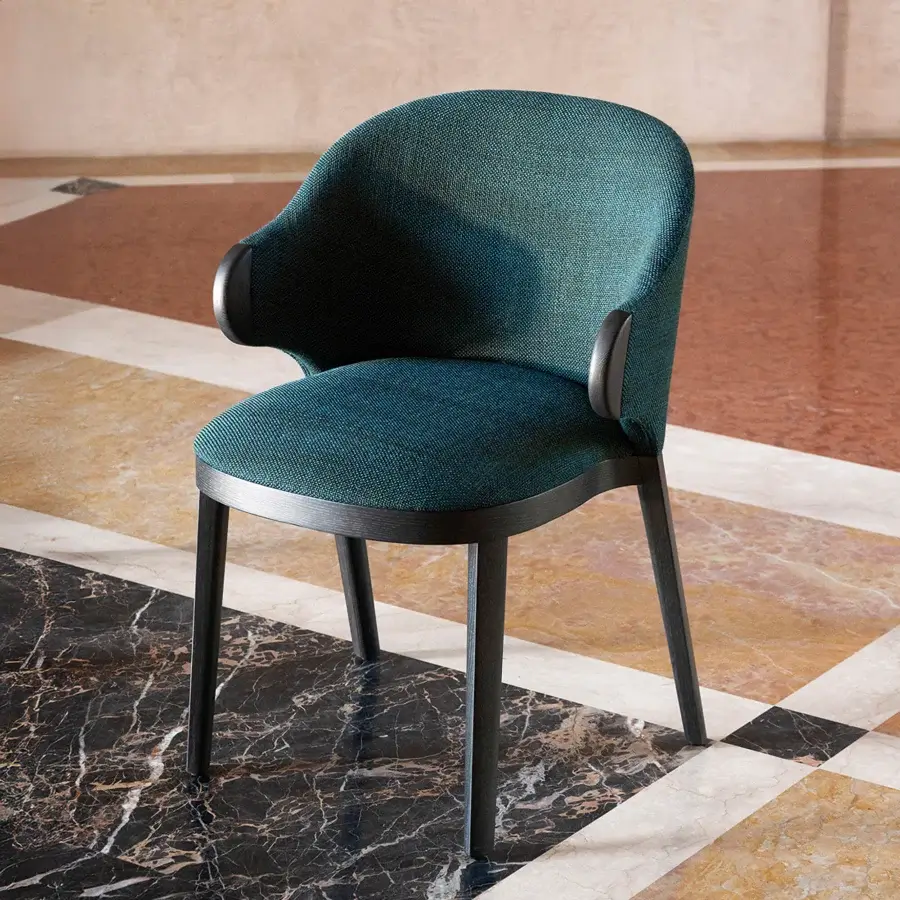 Superior Potocco Trousse Hug chair in textured teal textile with dark satin-finished wood frame