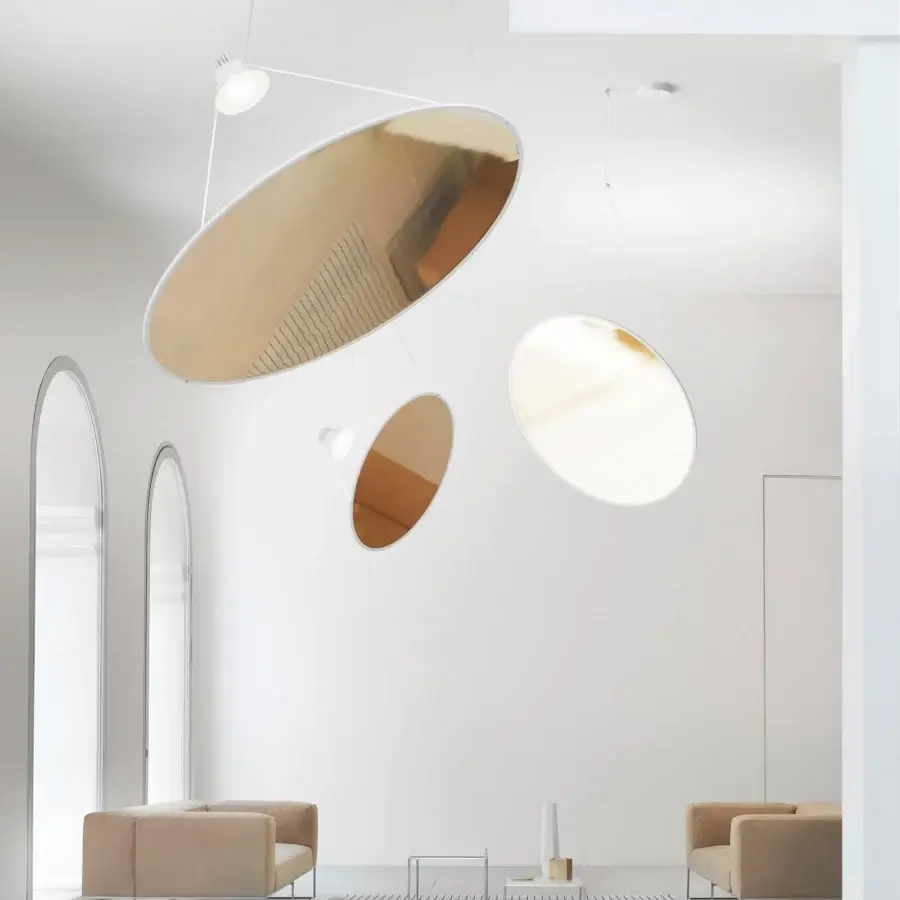 Lavish Luceplan Amisol suspension lamp in light grey aluminum with a warm gold polished finish